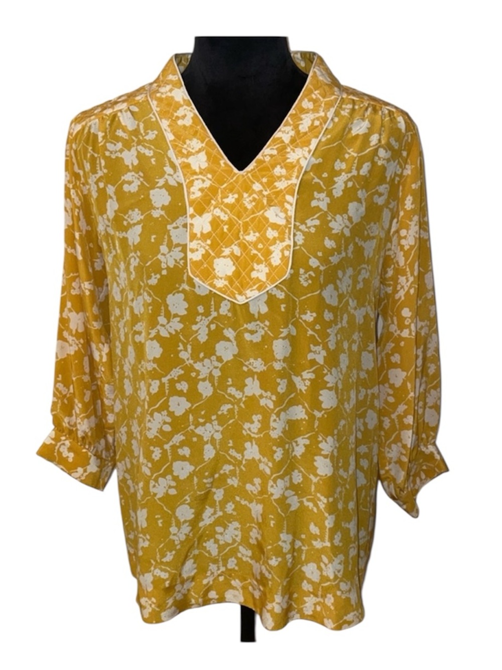 Anthropologie Lauren Moffatt Yellow White‎ Floral 100% Silk Blouse Size Medium